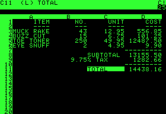 Снимок экрана программы VisiCalc на Apple II