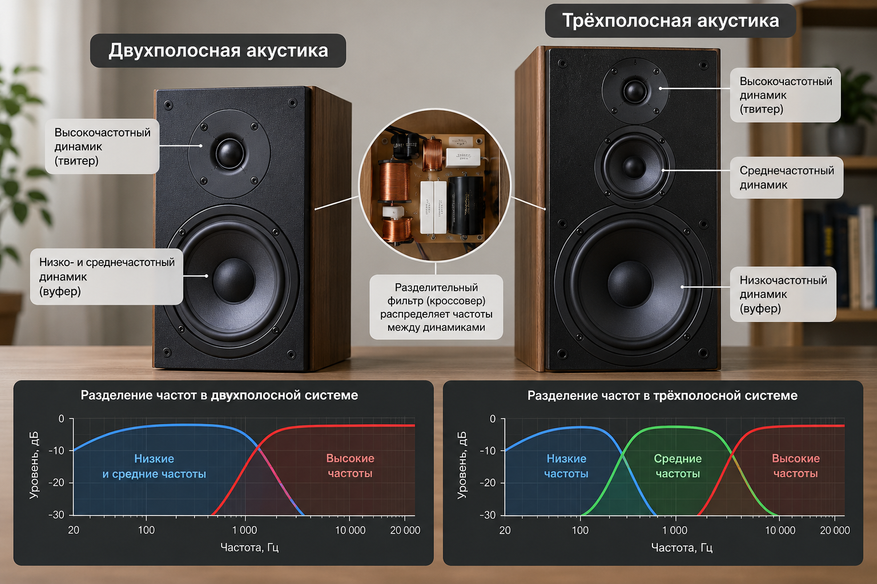 Сравнение двухполосной и трёхполосной акустики: расположение динамиков и условное распределение частот между ними. 