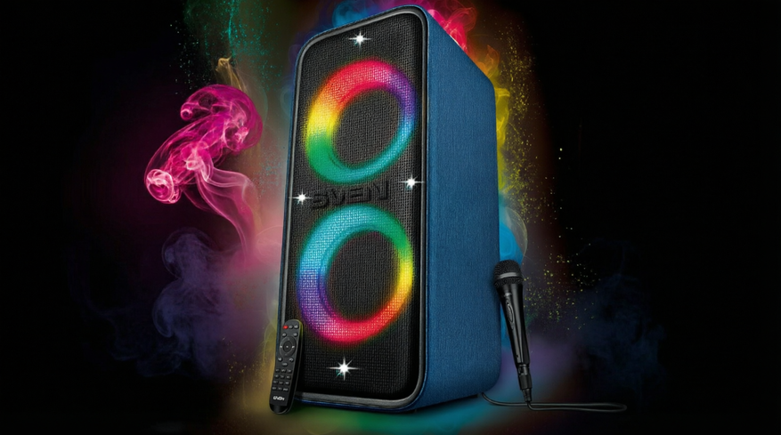 Портативная колонка SVEN PS-1650 с яркой RGB-подсветкой, пультом и микрофоном для караоке
