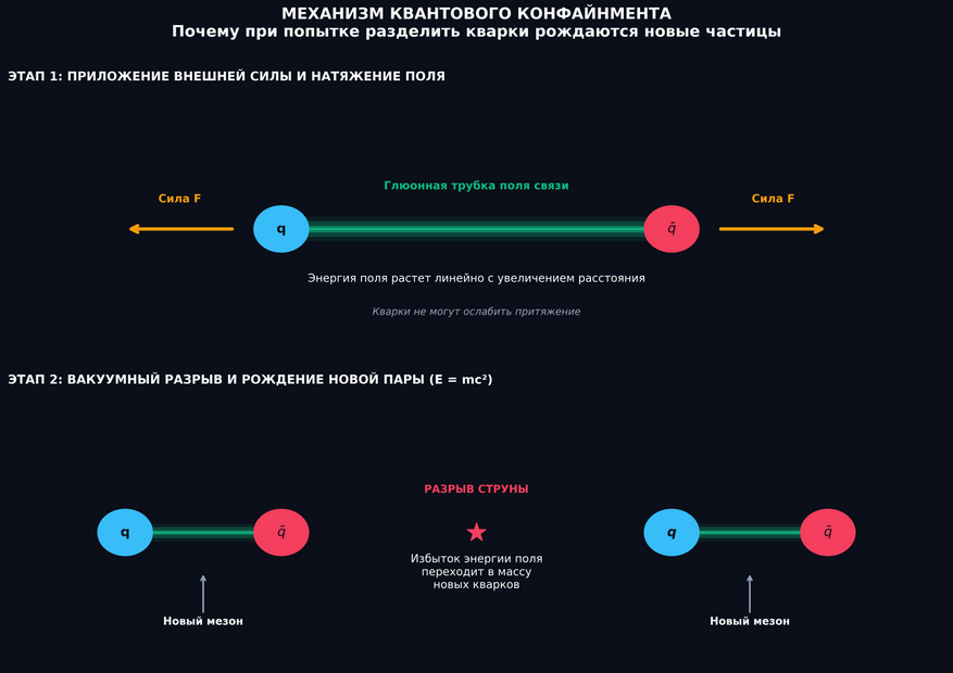Двухфазная схема, иллюстрирующая невозможность изоляции кварков. На первом этапе (сверху) внешняя сила пытается раздвинуть кварк и антикварк. Сила сильного взаимодействия не падает с расстоянием, а плотность энергии связи в связывающей их глюонной трубке («струне») нарастает. На втором этапе (снизу) показано достижение энергетического предела: натяжение струны разрывается, и колоссальная энергия поля мгновенно материализуется из вакуума по формуле  E=mc^2    в виде новой пары кварк-антикварк. Вместо одного свободного кварка исследователь получает две новые связанные частицы (мезоны). График построен в Colab