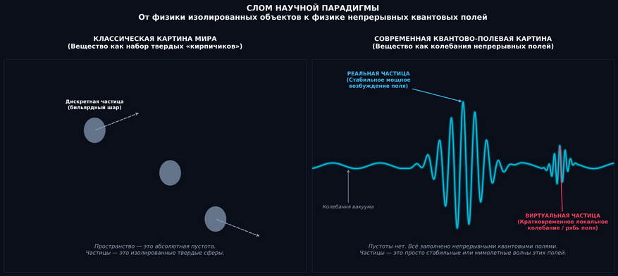 Сравнение классической и квантово-полевой картин реальности. Слева изображена классическая механика Демокрита — Ньютона, где Вселенная состоит из абсолютной пустоты и перемещающихся в ней изолированных, твердых шариков-частиц. Справа представлена современная картина квантовой теории поля: пустоты не существует, все пространство заполнено непрерывными физическими полями. Реальная стабильная частица (кварк или электрон) — это устойчивый, высокоамплитудный волновой пакет (возбуждение поля). Виртуальная частица (глюон) — это мимолетная локальная флуктуация (рябь) на поверхности этого колеблющегося квантового океана. График построен в Colab