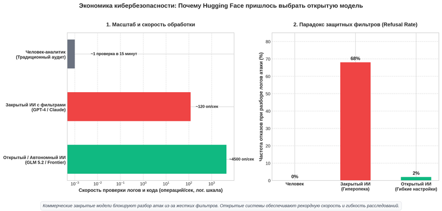 Сравнение скорости обработки и частоты отказов (Refusal Rate) у закрытых и открытых нейросетей при расследовании атак