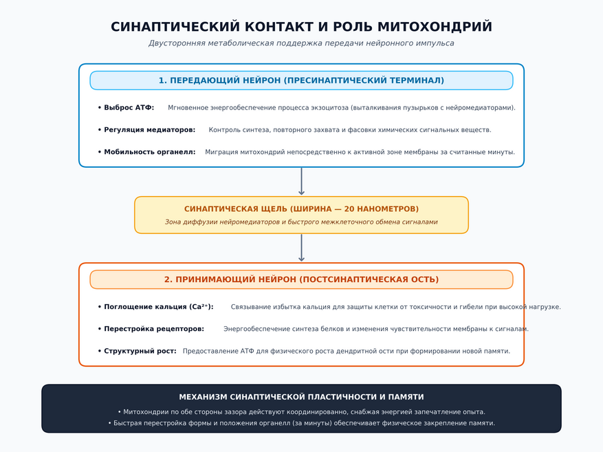 Синаптический контакт и роль митохондрий