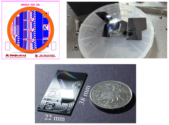 Интегральный фотонный спектрограф WSL (Waveguide Spectral Lens). Вся оптика для разделения света на спектральные линии вытравлена внутри кварцевой пластины размером 22 × 38 мм, что позволяет устанавливать спектрографы на малые спутники.