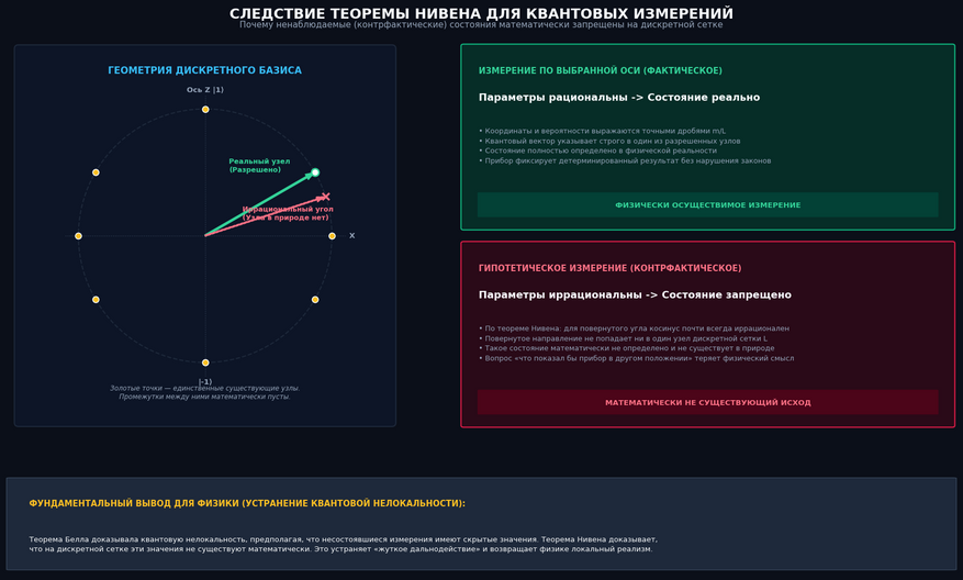 Геометрическое следствие теоремы Нивена для квантовых измерений: Слева (Дискретная геометрия состояний): На окружности состояний физически существуют только изолированные рациональные узлы (золотые точки). Реальный вектор измерения точно попадает в разрешенный узел. Если мысленно повернуть ось измерения на произвольный угол, вектор попадает в пустой интервал, где узлов нет в природе. Справа вверху (Реальное измерение): Измерение по фактически выбранной оси дает строго рациональные координаты. Состояние физически определено и подчиняется законам сохранения информации. Справа внизу (Контрфактическое измерение): Согласно теореме Нивена, тригонометрический косинус рационального угла почти всегда иррационален. На дискретной сетке такие координаты не существуют. Рассуждения о том, «что показал бы прибор в альтернативном положении», теряют физический смысл. Внизу (Устранение парадокса Эйнштейна — Подольского — Розена): Теорема Белла доказывала квантовую нелокальность, предполагая наличие значений у несостоявшихся измерений. Дискретность пространства состояний доказывает, что этих значений нет математически. Это исключает мгновенную передачу сигналов сквозь пространство и сохраняет локальный детерминизм.