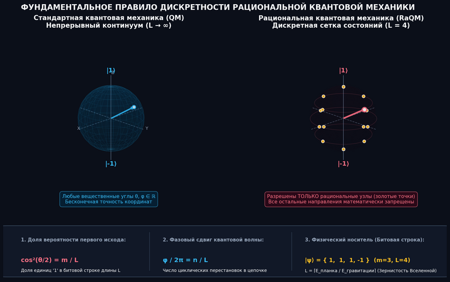 Сравнение геометрии квантовых состояний в стандартной и рациональной квантовой механике: Слева (Непрерывный континуум): Традиционная сфера состояний. Пространство абсолютно гладкое: квантовый вектор может указывать в любую точку сферы, требуя бесконечной точности и бесконечного объема информации для своего описания. Справа (Дискретная сетка RaQM, пример для базового числа L = 4): Пространство состояний разбито на строгую решетку. Физически разрешены только изолированные узлы (золотые точки). Любые промежуточные направления в природе математически не существуют. Внизу (Информационная структура): Квантовое состояние описывается конечной цепочкой битов длины L. Доля единиц в цепочке задает вероятность исхода измерения, циклический сдвиг — фазу квантовой волны, а базовый масштаб зернистости L определяется отношением энергии Планка к энергии гравитации.