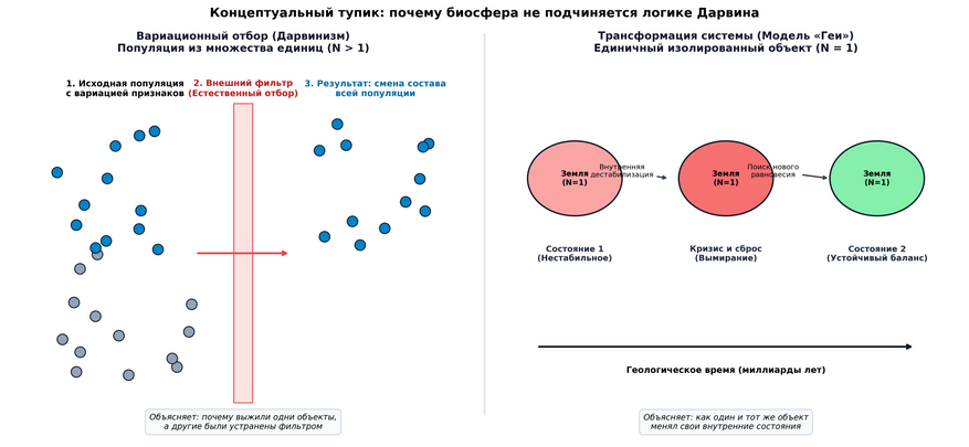 Логический тупик: дарвиновский отбор требует популяции и внешнего фильтра (вариация). История Земли — это внутренняя перестройка связей единственного изолированного объекта (трансформация).