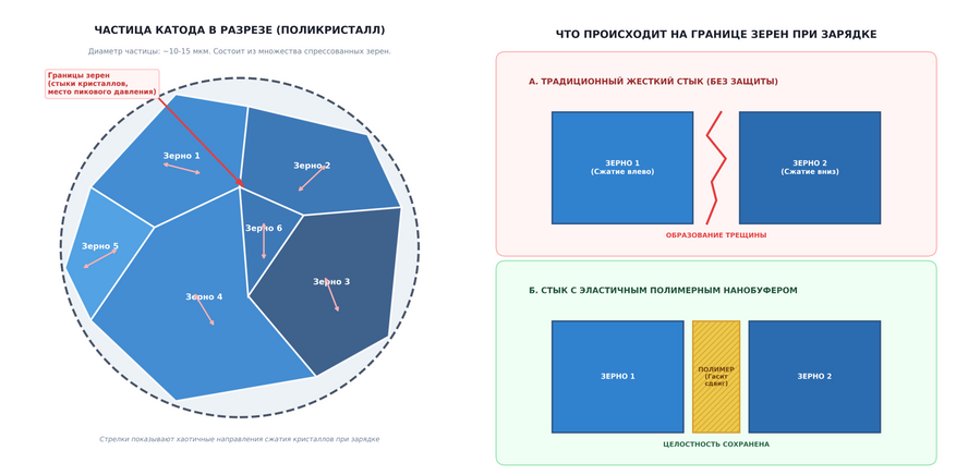Строение частицы катода и механизм защиты межзеренных границ. Слева: поликристаллическая частица, состоящая из множества спрессованных зерен, которые деформируются в разных направлениях при выходе лития. Справа: возникновение трещин при прямом жестком контакте зерен (вверху) и предотвращение разрушения за счет эластичного полимерного нанобуфера, поглощающего сдвиговые нагрузки (внизу).