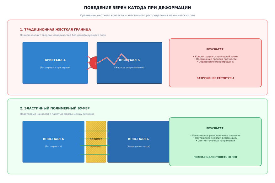 Сравнение распределения механических нагрузок на стыках кристаллических зерен. Вверху: жесткое прямое соприкосновение кристаллов приводит к концентрации давления в одной точке и раскалыванию катода. Внизу: эластичная полимерная прослойка поглощает энергию расширения и распределяет давление по всей площади контакта, сохраняя структуру электрода монолитной.