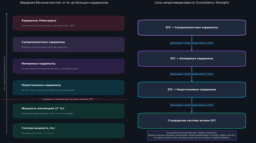 Иерархия больших кардиналов и структура математической бесконечности Слева (Лестница мощностей множеств): Снизу вверх расположены уровни бесконечности. Зеленые блоки (счетные множества и континуум) строго определены в стандартной теории множеств ZFC. Выше красного пунктира начинаются «большие кардиналы» (недостижимые, измеримые, суперкомпактные), существование которых недоказуемо стандартными аксиомами. На самой вершине — кардиналы Рейнхардта (красный блок), которые математически несовместимы с базовой аксиомой выбора. Справа (Сила непротиворечивости): Граф логических зависимостей. Добавление аксиомы о существовании более крупной бесконечности позволяет доказать непротиворечивость (Con) всех систем, расположенных ниже по лестнице, создавая единую упорядоченную шкалу абстрактных математических миров.