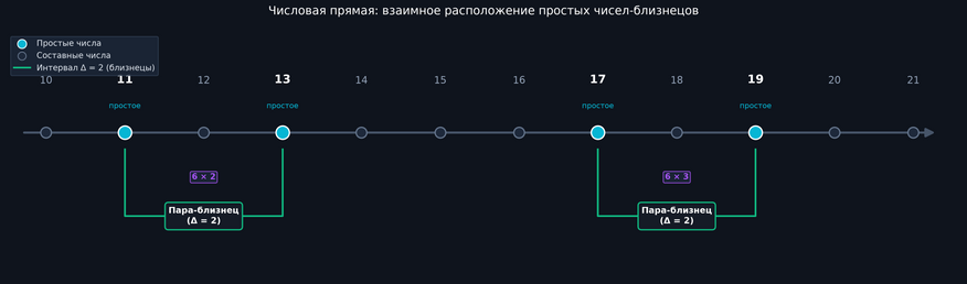 Интервалы между простыми числами на числовой прямой Бирюзовые узлы обозначают простые числа, серые полые кружки — составные числа. Пары (11, 13) и (17, 19) образуют простые числа-близнецы с минимально возможным расстоянием между ними, равным 2. Все пары-близнецы (за исключением пары 3 и 5) всегда симметрично окружают числа, кратные шести (на схеме — 12 и 18), располагаясь по формуле 6k - 1 и 6k + 1.