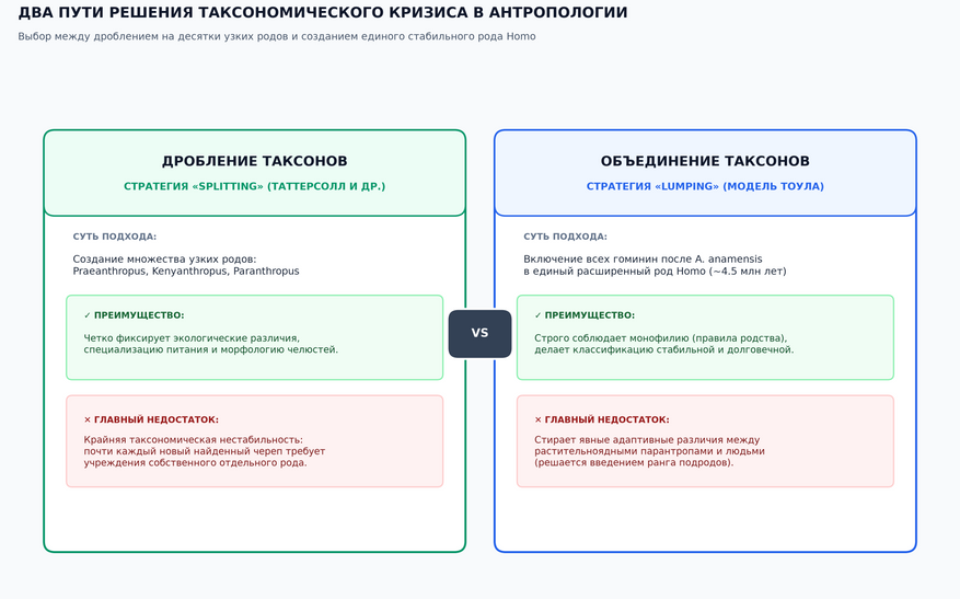 Сравнение двух ключевых стратегий выхода из классификационного тупика в палеоантропологии: Изумрудная колонка (Дробление / Splitting): Попытка разделить гоминин на множество узких специализированных родов (Praeanthropus, Kenyanthropus, Paranthropus). Метод хорошо описывает анатомию конкретных видов, но делает древо крайне нестабильным. Синяя колонка (Объединение / Lumping по Тоулу): Объединение всех видов в один подтвержденный монофилетический род Homo глубиной 4,5 млн лет. Метод обеспечивает долговечную стабильность системы и полностью согласуется с правилами биологического родства.