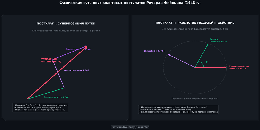 Физическая суть постулатов квантового движения Фейнмана Инфографика наглядно объясняет, как устроена квантовая механика траекторий на концептуальном уровне: Левая панель (Постулат I — Суперпозиция и интерференция): Вероятность прилета частицы рассчитывается не простым сложением чисел, а сложением комплексных векторов с учетом их углов (фаз). Зеленый, сиреневый и фиолетовый векторы разных путей последовательно складываются, образуя итоговую красную стрелку. Если фазы противоположны — пути взаимно уничтожаются; если сонаправлены — усиливают друг друга. Правая панель (Постулат II — Равенство модулей и угол действия): Все возможные маршруты частицы имеют абсолютно одинаковую длину стрелки (все они упираются в одну пунктирную окружность). Единственное различие между прямой линией и сложным зигзагом — угол поворота стрелки, который строго равен величине классического действия пути, деленной на постоянную Планка.