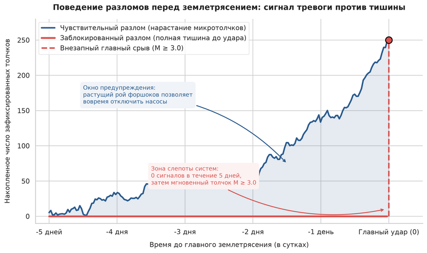 График сравнивает два противоположных сценария поведения недр при закачке воды. Синяя линия показывает чувствительный разлом: за несколько дней до аварии число микротолчков лавинообразно нарастает, давая операторам время среагировать. Красная линия показывает заблокированный разлом: в течение всех пяти дней приборы фиксируют нулевую активность, после чего в момент времени 0 происходит внезапный мощный толчок.