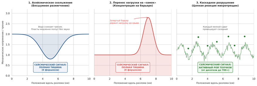 Итоговая сравнительная схема трех сценариев зарождения землетрясения, описанных в исследовании. График сопоставляет распределение механического напряжения вдоль плоскости разлома для каждого случая и наглядно объясняет, почему механизмы №1 и №2 происходят без предварительных сейсмических сигналов, а механизм №3 порождает плотный рой форшоков.