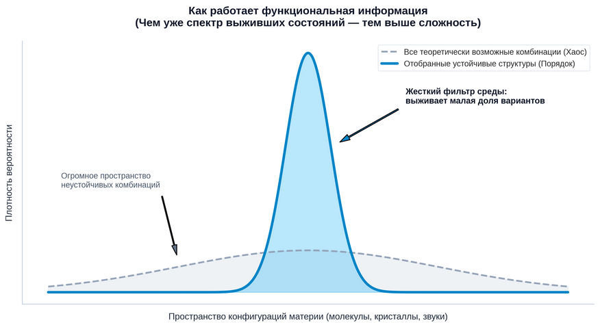 Как работает функциональная информация: из бесконечного числа случайных конфигураций фильтр внешней среды оставляет лишь узкую группу стабильных структур.