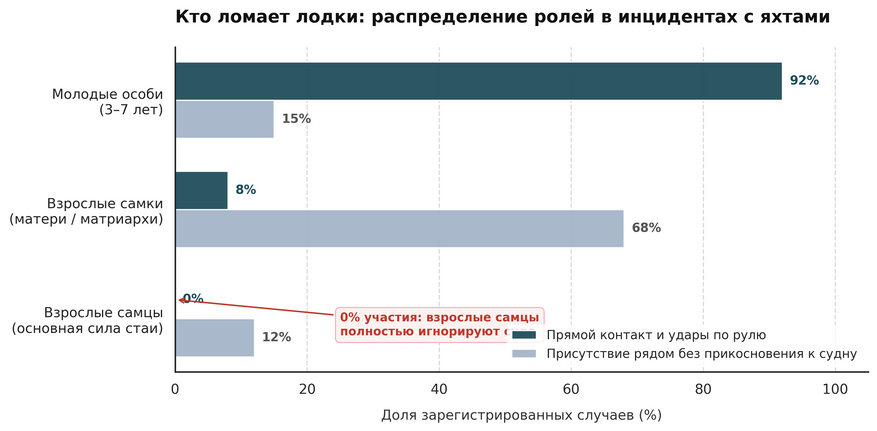 Демографический состав и характер участия косаток в инцидентах с судами. Более 90% физических повреждений рулей наносят молодые косатки в возрасте от трех до семи лет. Взрослые самцы не участвуют в контактах, а самки чаще остаются пассивными наблюдателями, что исключает версию о спланированном нападении стаи.