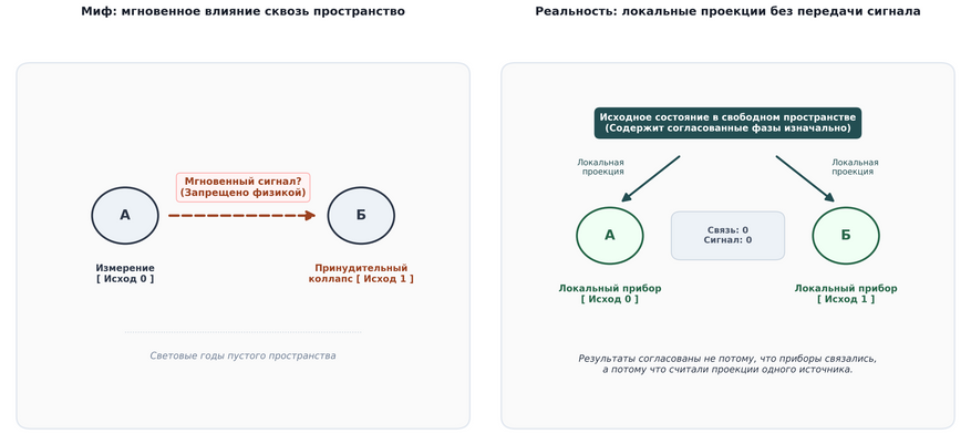 Развенчание «жуткого дальнодействия». Слева: традиционный миф, согласно которому измерение первой частицы посылает мгновенный нематериальный сигнал через пространство, заставляя вторую частицу случайно выбрать состояние. Справа: модель свободных пространств. Сигнал между частицами отсутствует. Общая система несет в себе внутреннюю фазовую структуру, из которой локальные приборы независимо друг от друга считывают строго согласованные значения.