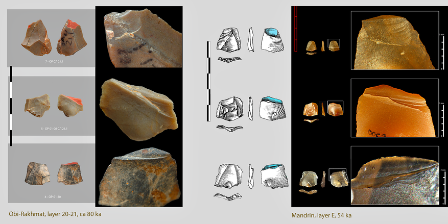 Сравнение микронаконечников из грота Оби-Рахмат (слева, ~80 000 лет) и грота Мандрен во Франции (справа, ~54 000 лет). Орудия разделяют 6000 километров и 25 тысячелетий, но их форма и размеры полностью совпадают.