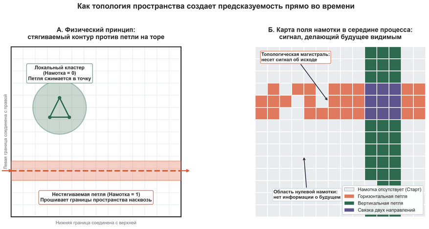 Механизм поля намотки и формирование прогностического сигнала. Слева показана геометрия пространства с замкнутыми границами. Малые группы клеток образуют стягиваемые контуры, замкнутые локально (намотка равна нулю). Крупные связные области способны обогнуть все пространство насквозь через противоположные границы, формируя нестягиваемые петли (намотка равна единице). Справа представлена карта поля намотки в середине жизни системы: на старте вся сетка серая (намотки нет нигде), но по мере развития цветные области связности объединяются в магистрали, прошивающие пространство. Именно эта глобальная конфигурация позволяет нейросетям безошибочно определять финал задолго до его наступления.