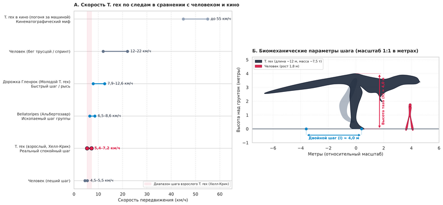 Кинематика шага и скоростной спектр крупных теропод. Слева: сравнение реальной скорости передвижения тираннозаврид по ископаемым дорожкам со скоростью человека и кинематографическим мифом (данные формулы Александера). Справа: масштабная биомеханическая схема взрослого Tyrannosaurus rex в момент шага (высота таза 4 м, шаг 4 м) в сравнении с идущим человеком (1,8 м).