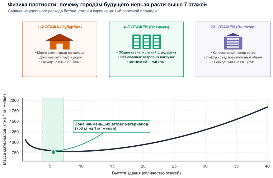 Зависимость расхода стройматериалов от этажности здания. Наименьшие затраты бетона и стали на квадратный метр жилья (около 750 кг/м²) достигаются в плотных кварталах высотой от 4 до 7 этажей. Одноэтажная субурбия и высотные башни требуют до двух раз больше сырья на каждого жителя. Данные: модель на основе исследования Nature Cities.