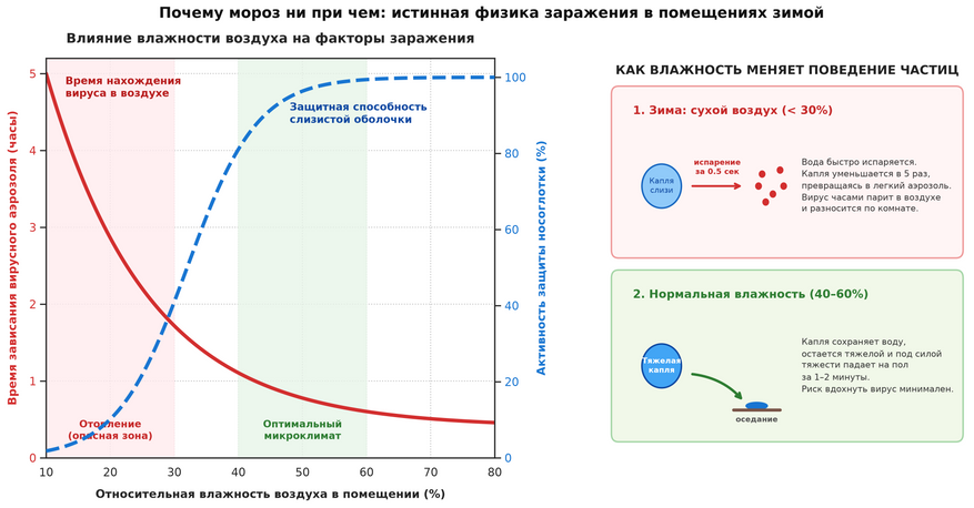 Физика заражения в отопительный сезон. При падении влажности ниже 30% микрокапли слизи мгновенно высыхают и превращаются в летучий аэрозоль, висящий в воздухе часами, в то время как местный иммунитет носоглотки резко падает. При оптимальной влажности (40–60%) тяжелые капли оседают на пол за 1–2 минуты.