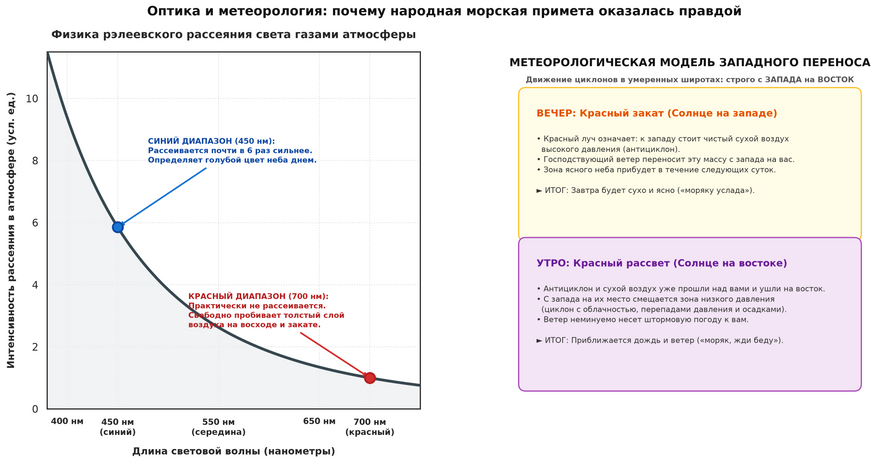 Физика атмосферной оптики и синоптики. Газы атмосферы рассеивают короткий синий диапазон почти в 6 раз эффективнее красного (закон Рэлея), поэтому через сухой антициклон на горизонте пробиваются только длинные красные волны. В средних широтах с преобладающим движением ветров с запада на восток багровый закат гарантирует приход сухой погоды, а багровый рассвет указывает на скорое приближение циклона с дождями.