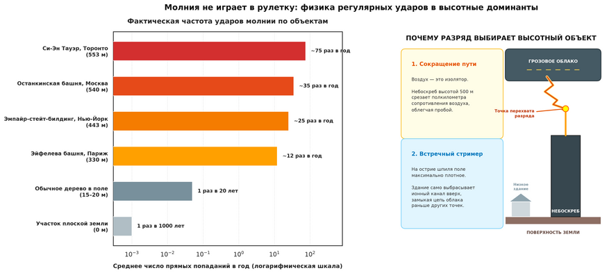 Физика повторных ударов молнии. Заряженный ступенчатый лидер ищет путь наименьшего сопротивления в воздухе. Высотные здания сокращают воздушный зазор и инициируют встречные стримеры, поэтому такие объекты, как Си-Эн Тауэр и Эмпайр-стейт-билдинг, принимают десятки прямых ударов молний ежегодно.