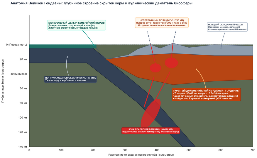 Геологический разрез активной окраины Великой Гондваны (рубеж 525 млн лет назад). Схема демонстрирует глубинное строение обнаруженных массивов: под относительно тонким чехлом молодых складчатых гор (серый слой) залегает древний докембрийский фундамент суперконтинента толщиной до 40 км (терракотовый слой). Поднимающаяся из мантийного клина магма (красные очаги) расплавляла этот фундамент, наследуя его изотопный состав Sm-Nd, что позволило картировать скрытые границы суши по современным гранитам. Вдоль внешнего пояса дуг протяженностью 31 700 км шла непрерывная дегазация CO2 и пара, а дождевое выветривание вулканических хребтов поставляло кальций и фосфор в прибрежные моря, стимулируя кембрийский взрыв скелетной жизни.