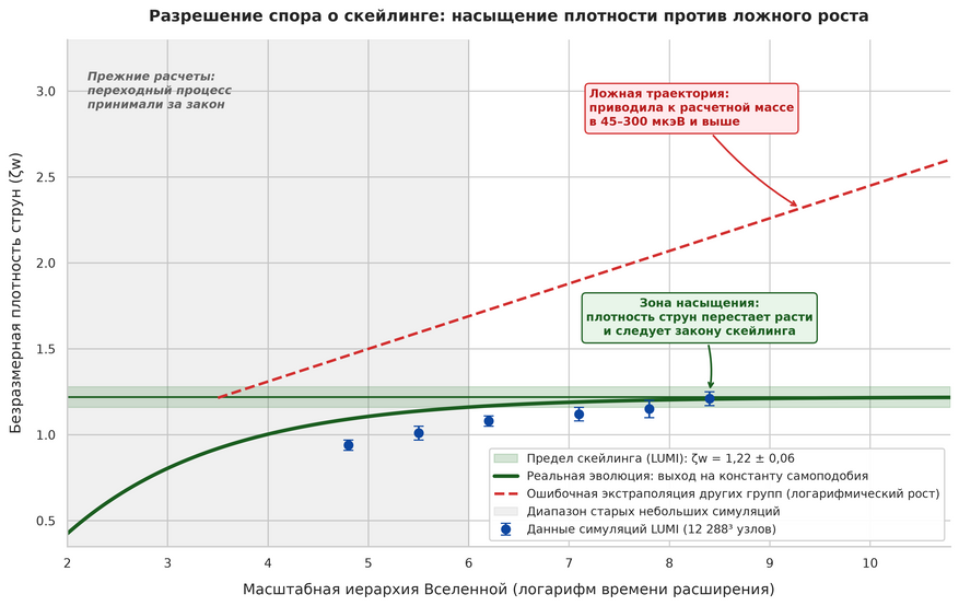 Разрешение научного спора о плотности космических струн. Прежние исследования проводились на сетках небольшого объема (серая зона слева), где плотность струн только выходила на рабочий режим. Исследователи принимали этот начальный подъем за фундаментальный закон и экстраполировали его по красной пунктирной линии далеко вверх, что приводило к завышению массы аксиона в разы. Моделирование на суперкомпьютере LUMI (синие точки) доказало, что кривая выравнивается и ложится на постоянное плато 1,22 (зеленая полоса). Сеть подчиняется закону самоподобия, исключая аномально тяжелые массы аксиона.