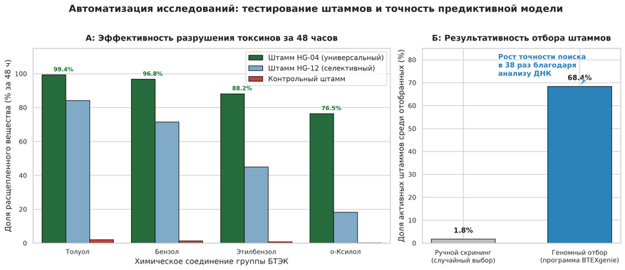 Результаты роботизированного тестирования культур и эффективность цифрового отбора. (А) Скорость очистки растворов от отдельных токсикантов за двое суток. Выделенный штамм-лидер HG-04 демонстрирует почти стопроцентное уничтожение толуола и бензола, а также справляется со стойким ксилолом (76,5%), который практически не поддается обычным природным микробам. (Б) Сравнение результативности подходов: при случайном отборе в чашках Петри активным оказывается менее 2% штаммов, тогда как предварительный поиск ферментных генов с помощью алгоритма BTEXgenie повышает точность выявления бактерий-утилизаторов до 68,4%.