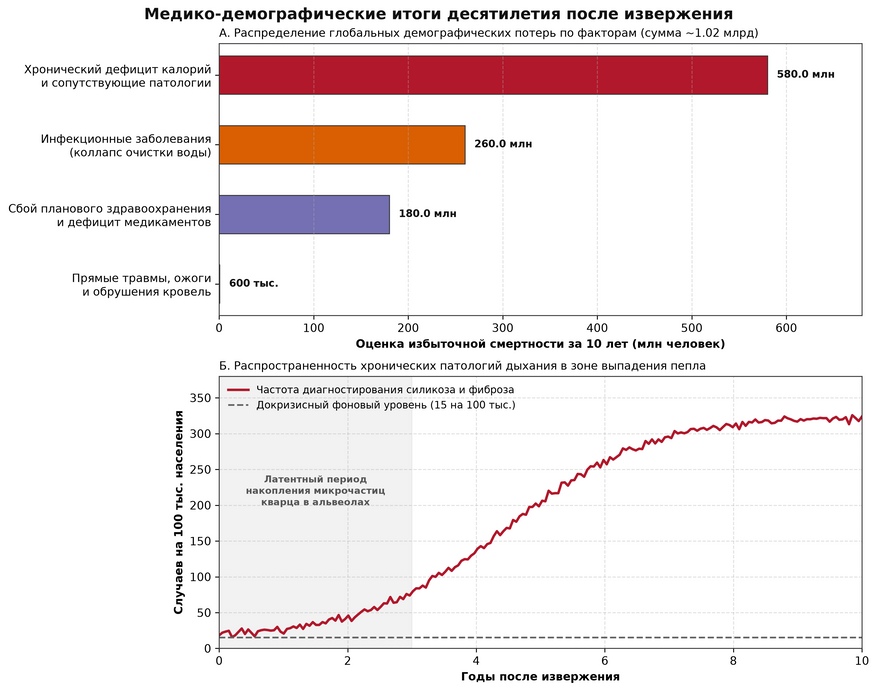 Демографические последствия и долговременный медицинский след извержения (Т + 10 лет). А — соотношение причин избыточной смертности (суммарно около 1,02 млрд человек): свыше 56% потерь приходятся на нехватку продовольствия, тогда как механические и термические травмы непосредственно в зоне извержения составляют менее 0,1%; Б — рост заболеваемости силикозом и фиброзом легких среди населения, подвергшегося воздействию взвеси силикатного пепла: после трехлетнего латентного периода накопления кристаллического диоксида кремния в легких частота патологий возрастает более чем в 20 раз по сравнению с фоновым уровнем.