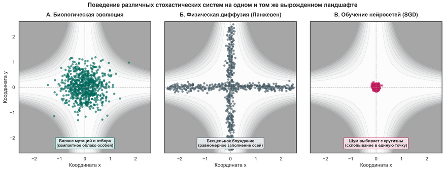 Финальное распределение трех систем на одинаковой поверхности. Серые контуры показывают рельеф, где оси креста обладают одинаково высокой эффективностью. А: Биологическая популяция формирует устойчивое облако в центре, где спад вокруг наиболее пологий. Б: Физическая частица под действием теплового шума бесконечно блуждает вдоль плоских линий без фиксации в центре. В: Алгоритм обучения нейросетей полностью сжимается в центральную точку, так как шум градиента активно выталкивает оптимизатор из крутых областей.