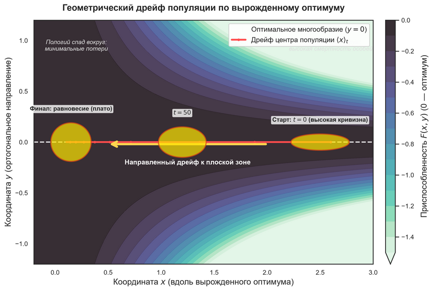 Направленный дрейф популяции по вырожденному оптимуму. Вдоль пунктирной горизонтальной линии выживаемость одинаково максимальна в любой точке, но крутизна окружающего спада различается. На старте в опасной крутой зоне отбор резко сжимает популяцию по вертикали, а гибель особей на краях толкает всю группу влево — к широкой пологой области, где мутации перестают быть смертельными.