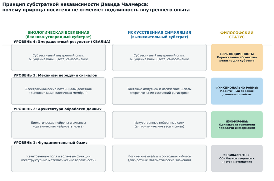 Структурная эквивалентность материальной и цифровой моделей реальности. Сравнительный поуровневый анализ биологического мира и программной среды. На фундаментальном уровне элементарные частицы материи и биты информации представляют собой математические правила. Промежуточные уровни передачи данных изоморфны по своей архитектуре. В результате эмерджентный феномен сознания (способность испытывать боль, радость и мыслить) обладает абсолютной онтологической подлинностью для наблюдателя вне зависимости от того, на каком носителе функционирует мир.