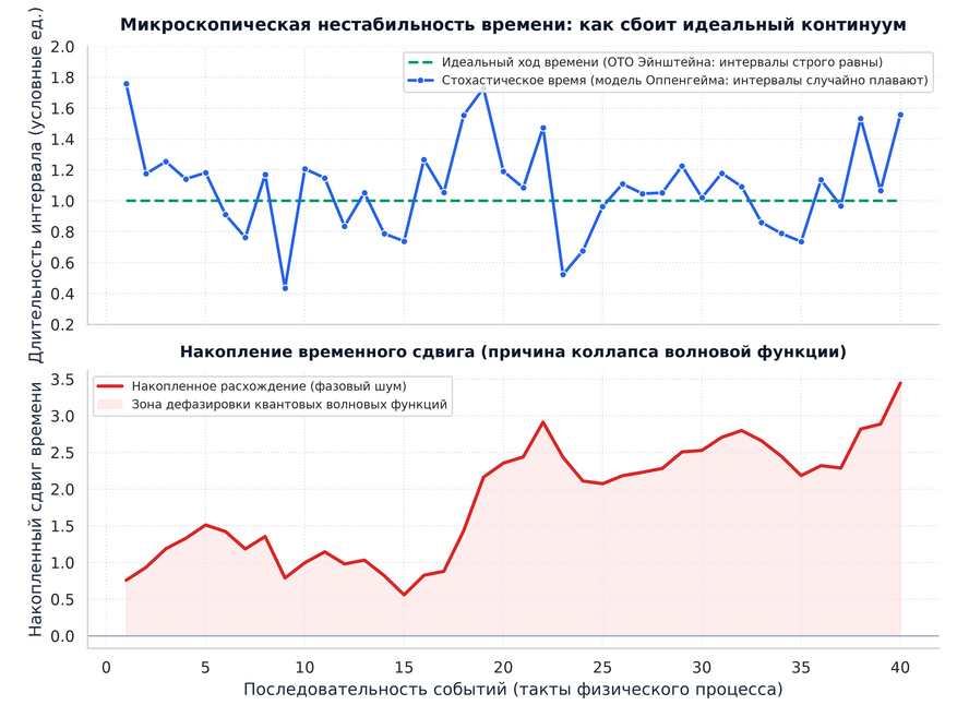 Сравнение равномерного времени Эйнштейна со стохастическим временем Оппенгейма. На верхнем графике показана длительность последовательных интервалов времени: в классической теории относительности они строго одинаковы (зеленый пунктир), а в постквантовой теории — непрерывно колеблются вокруг среднего значения из-за фундаментального шума пространства (синяя линия). На нижнем графике показано, как эти мелкие случайные колебания накапливаются в реальное расхождение (красная линия). Именно этот накопленный сдвиг (розовая область) разрушает квантовую неопределенность и заставляет частицы в суперпозиции быстро проявляться в одной конкретной точке пространства без участия внешнего наблюдателя.