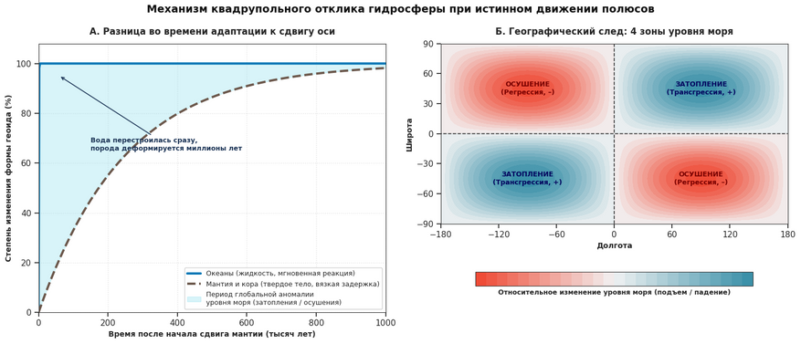 Физическая модель гидродинамического отклика планеты на сдвиг полюсов. (А) Океаны перераспределяются практически мгновенно, тогда как вязким породам мантии требуются сотни тысяч лет для гравитационной релаксации. (Б) Разница в скорости деформации создает квадрупольный след: уровень моря зеркально растет в двух секторах планеты (синий) и падает в двух противоположных (красный). Пунктир — нейтральная граница нулевых изменений.