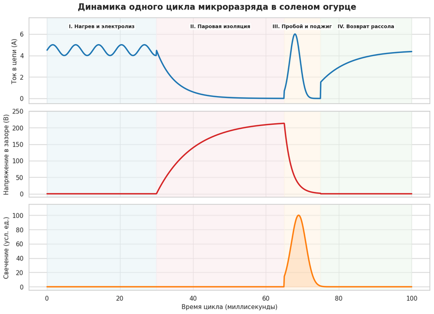 Осциллограмма одного цикла вспышки: при вскипании рассола цепь размыкается и ток падает до нуля (Фаза II), после чего скачок напряжения вызывает электрическую искру и пиковую вспышку горящего водорода (Фаза III).
