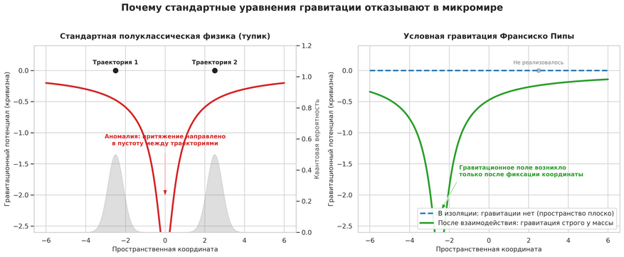 Разрешение парадокса полуклассической гравитации. Слева: попытка стандартной теории усреднить квантовую массу приводит к абсурдному результату: гравитационная яма (красная кривая) возникает посередине между двумя пиками вероятности — в пустом пространстве, где частица никогда не находится. Справа: модель Франсиско Пипы устраняет парадокс. Пока суперпозиция изолирована от взаимодействий, гравитационное поле равно нулю (синий пунктир). Искривление пространства появляется только после контакта со средой и формируется строго вокруг реального положения частицы (зеленая кривая).