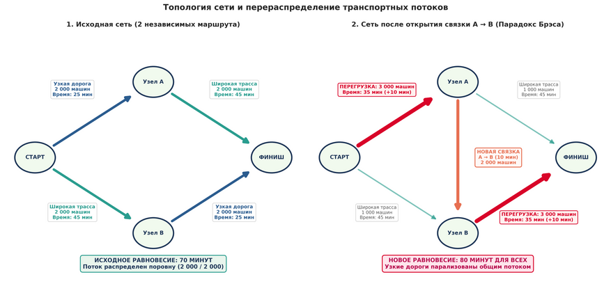 Карта транспортных потоков до и после ввода новой дороги. Слева: в исходном состоянии 4 000 водителей распределяются поровну (по 2 000 машин). Узкие участки («Старт → А» и «B → Финиш») работают в штатном режиме, время проезда по ним составляет 25 минут, а весь путь — 70 минут. Справа: появление скоростной связки между А и B привлекает 2 000 водителей. В результате оба узких участка принимают на себя критическую нагрузку в 3 000 машин (толстые красные стрелки). Время проезда по ним подскакивает до 35 минут, а любой доступный маршрут через город начинает отнимать 80 минут.