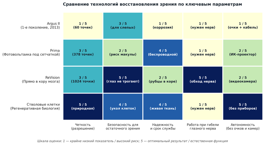Сравнительный профиль четырех подходов к лечению слепоты. Протез Prima выигрывает у первого поколения в надежности и четкости, но несет риск для сохранившегося бокового зрения. Кортикальный имплант ReVision незаменим при разрушении глазного нерва, но травматичен для коры мозга. Регенеративная терапия стволовыми клетками в перспективе превосходит кремниевые чипы по всем параметрам, кроме способности восстанавливать зрение при атрофии зрительного нерва.