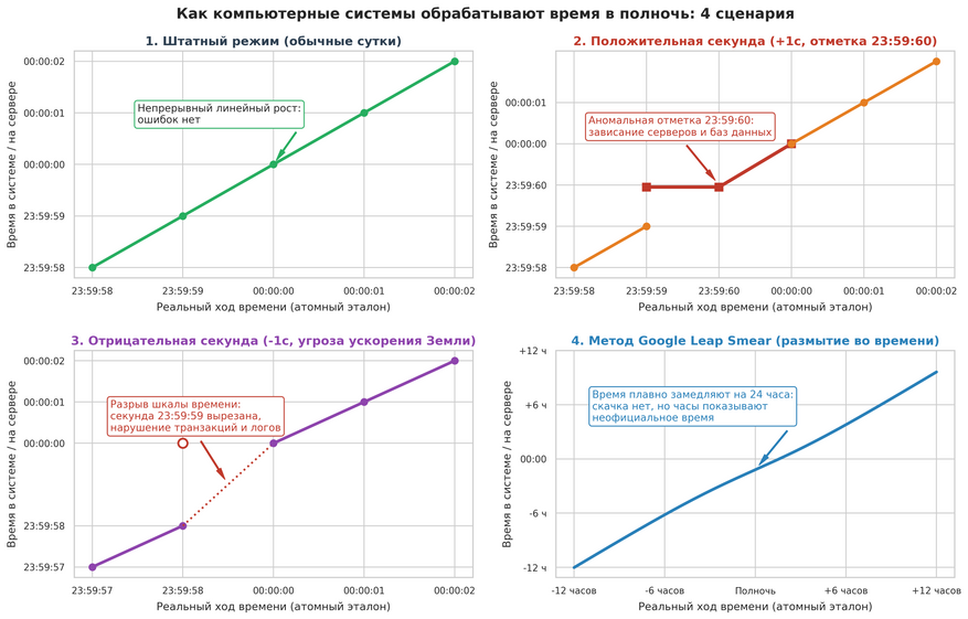 Поведение системных часов при различных методах учета високосной секунды Программные алгоритмы рассчитаны на строго непрерывное течение времени (1). При добавлении секунды координации часы замирают на отметке «23:59:60» или дублируют секунду (2), что приводит к сбоям серверных кластеров. Гипотетическая отрицательная секунда (3) создала бы мгновенный разрыв временной шкалы, ломая базы данных. Инженерный обходной путь компании Google — метод Leap Smear (4) — растягивает секунду на целые сутки, предотвращая аварию ценой отклонения от официального стандарта времени.