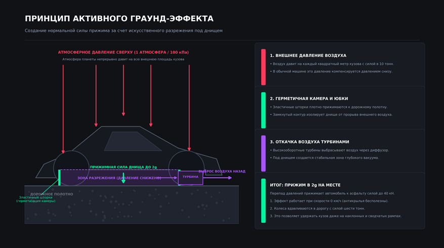 Схема работы активного граунд-эффекта с вентиляторами под днищем. По периметру кузова установлены гибкие шторки, изолирующие пространство под полом, а мощные турбины выкачивают оттуда воздух назад. Разница между высоким атмосферным давлением сверху и разреженным воздухом снизу буквально прижимает автомобиль к асфальту с силой до двух единиц гравитации еще до начала движения, утроив сцепление колес со стартовой черты.
