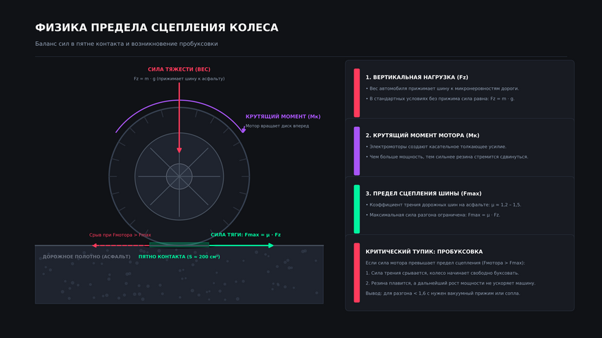 Схема баланса сил в пятне контакта шины. Максимальное ускорение автомобиля жестко ограничено его весом и коэффициентом трения резины об асфальт. Если крутящий момент мотора превышает этот предел, колесо срывается в пробуксовку, и дальнейший рост мощности больше не ускоряет машину — именно этот барьер заставил инженеров применить вакуумный прижим и реактивные сопла.