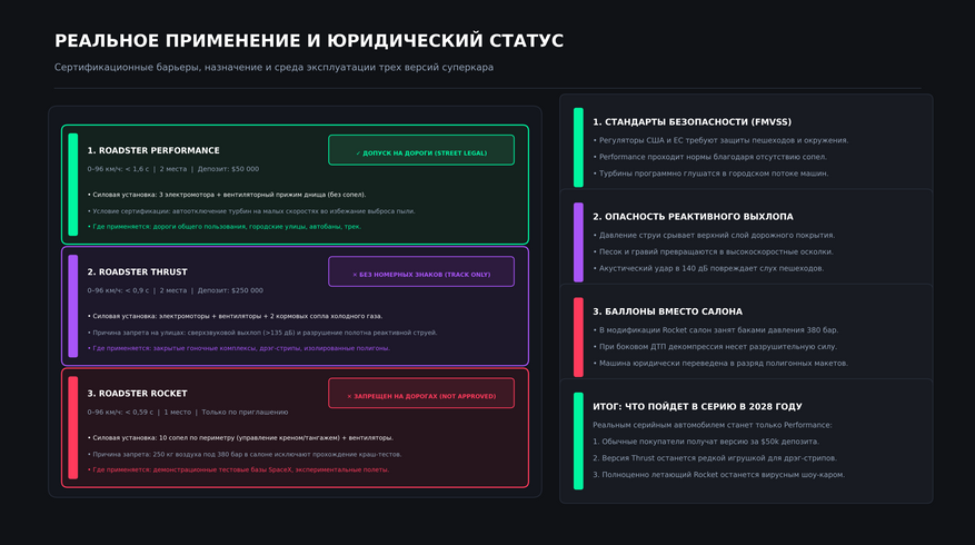 Сравнительная схема реального применения и юридического статуса трех модификаций Tesla Roadster. Полноценный допуск на дороги общего пользования получит только базовая версия Performance, лишенная реактивных сопел и оснащенная программным глушением вентиляторов днища в городе. Трековая версия Thrust запрещена на улицах из-за сверхзвукового шума и реактивной эрозии асфальта, а экстремальная одноместная модель Rocket с десятью сопелами для маневров в воздухе останется полигонным демонстратором технологий без права выезда за пределы частных комплексов.