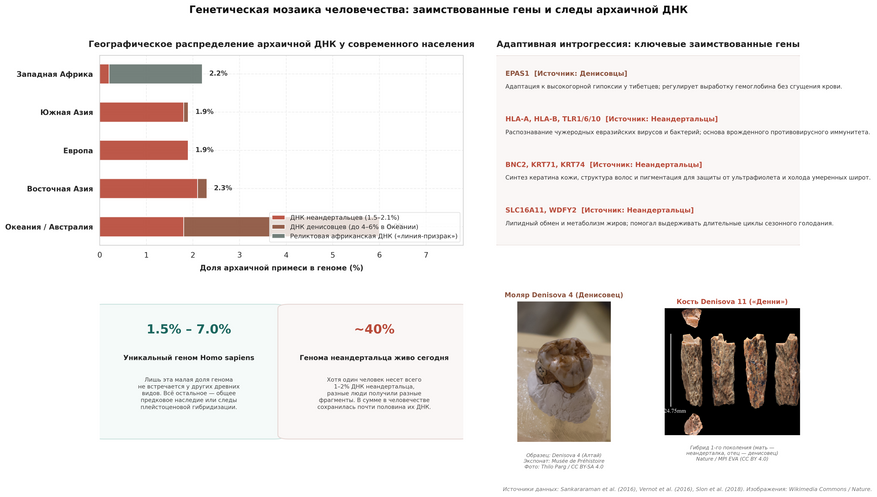 Архаичное генетическое наследие и адаптивная интрогрессия. Вверху слева: географическое распределение фрагментов архаичной ДНК в современных популяциях (наибольшая доля — до 6% — сохраняется у коренного населения Меланезии и Австралии). Вверху справа: гены адаптивной интрогрессии, заимствованные сапиенсами при скрещивании с аборигенными видами Евразии (EPAS1 обеспечивает устойчивость тибетцев к высокогорной гипоксии, а комплексы HLA/TLR защитили от местных вирусов). Внизу слева: ключевой парадокс геномики — лишь 1.5–7% нашего кода уникальны для сапиенсов, при этом в современном человечестве рассеяно около 40% генома неандертальцев. Внизу справа: материальные доказательства гибридизации — моляр денисовца Denisova 4 (Musée national de Préhistoire, слева) и фрагмент кости Denisova 11 («Денни», справа) — дочери неандерталки и денисовца.