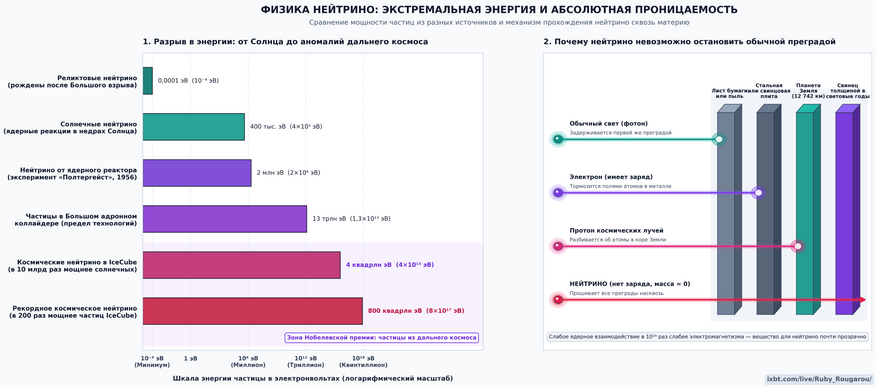 Сравнение энергии нейтрино из разных источников и их пробивной способности. Из-за отсутствия электрического заряда нейтрино не замечают преград и свободно проходят сквозь Землю и световые годы свинца, а энергия частиц из далекого космоса в миллиарды раз превышает показатели солнечных нейтрино и предел возможностей Большого адронного коллайдера.