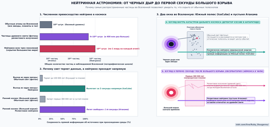 Соотношение количества частиц во Вселенной и сравнение возможностей обычной и нейтринной астрономии. На каждый атом привычного вещества в космосе приходится по одному миллиарду нейтрино. В отличие от обычного света, который застревает в плотных газовых облаках вокруг черных дыр и не мог свободно распространяться в первые 380 тысяч лет после Большого взрыва, нейтрино беспрепятственно выходят из самых плотных объектов и несут информацию о первой секунде существования Вселенной.
