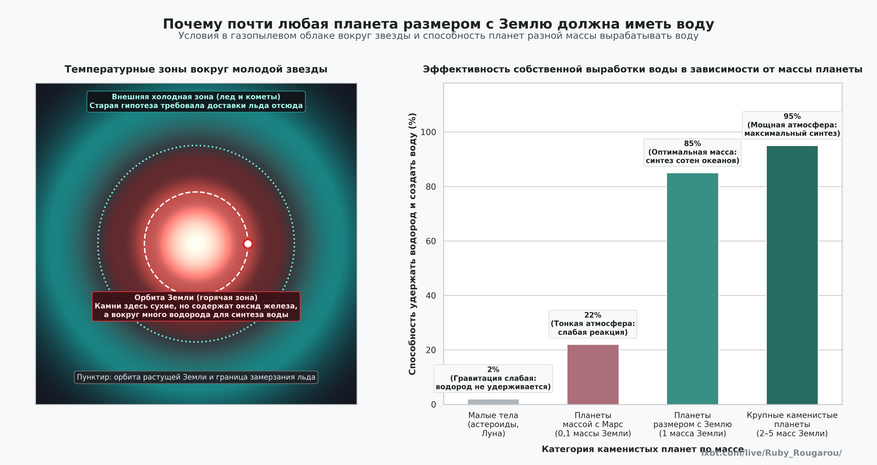 Температурные зоны вокруг молодой звезды и зависимость выработки воды от массы планеты. Несмотря на отсутствие льда во внутренней горячей зоне, каменистые планеты размером с Землю обладают достаточной гравитацией, чтобы удержать водородную атмосферу и самостоятельно произвести воду без участия комет.